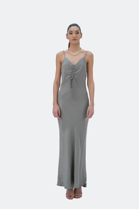 GREEN SHIRRED DETAIL DRESS - Barrus London