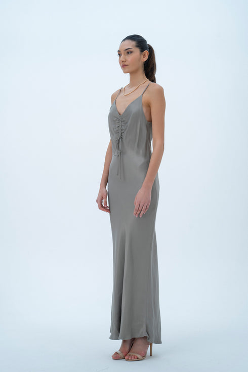 GREEN SHIRRED DETAIL DRESS - Barrus London