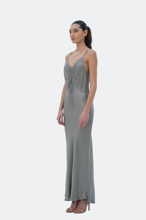 GREEN SHIRRED DETAIL DRESS - Barrus London