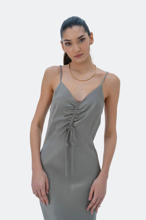 GREEN SHIRRED DETAIL DRESS - Barrus London