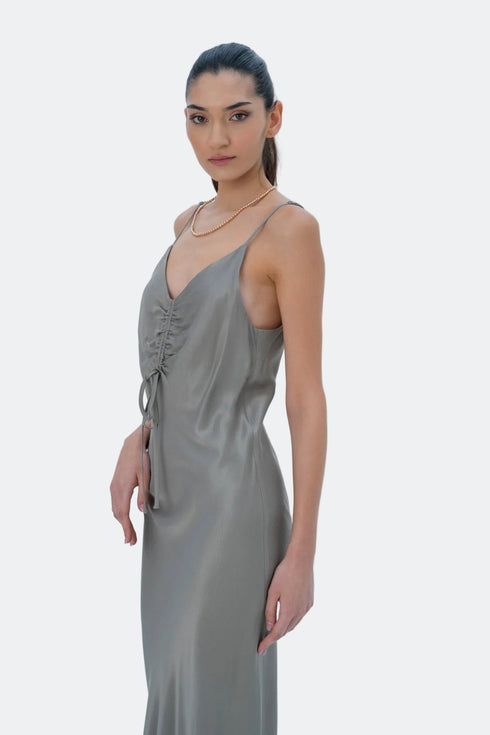 GREEN SHIRRED DETAIL DRESS - Barrus London