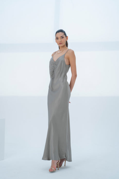 GREEN SHIRRED DETAIL DRESS - Barrus London