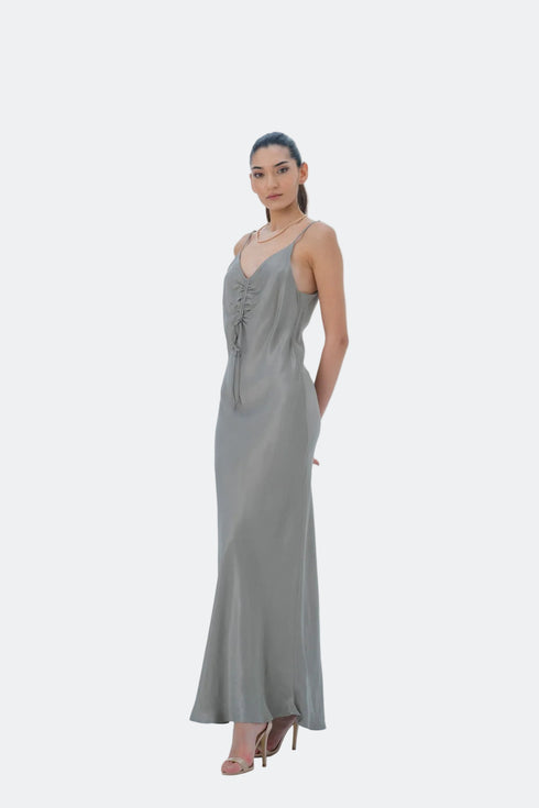 GREEN SHIRRED DETAIL DRESS - Barrus London