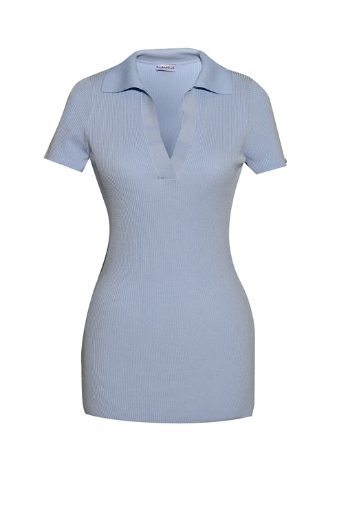 BLUE COLOR SHORT SLEEVES KNIT DRESS WITH COLLAR - Barrus London