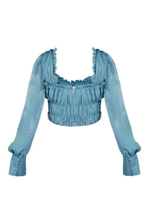 Square Collar Balloon Sleeve Crop Top