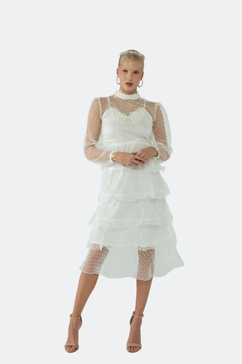 NEEDLEWORK DETAILED DRESS WITH A LAYERED SKIRT - Barrus London