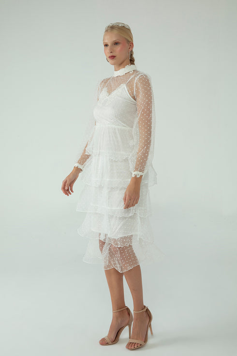 NEEDLEWORK DETAILED DRESS WITH A LAYERED SKIRT - Barrus London