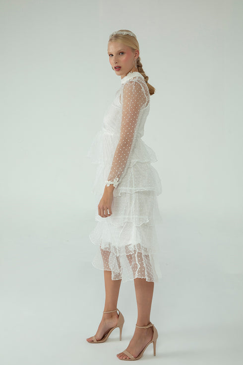 NEEDLEWORK DETAILED DRESS WITH A LAYERED SKIRT - Barrus London