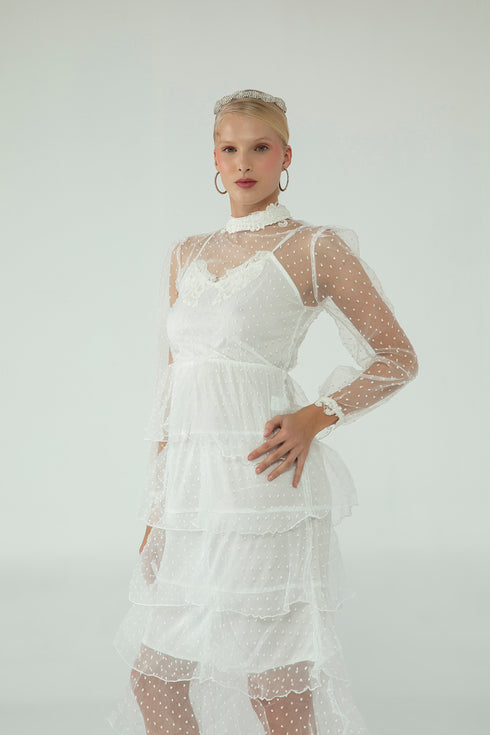 NEEDLEWORK DETAILED DRESS WITH A LAYERED SKIRT - Barrus London