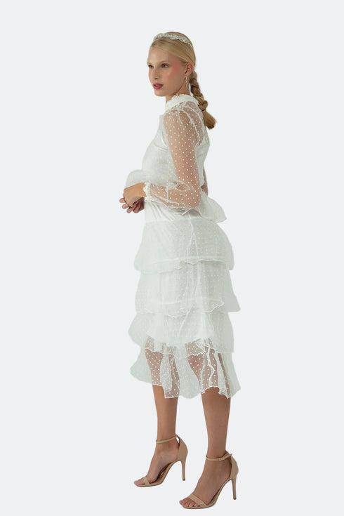 NEEDLEWORK DETAILED DRESS WITH A LAYERED SKIRT - Barrus London