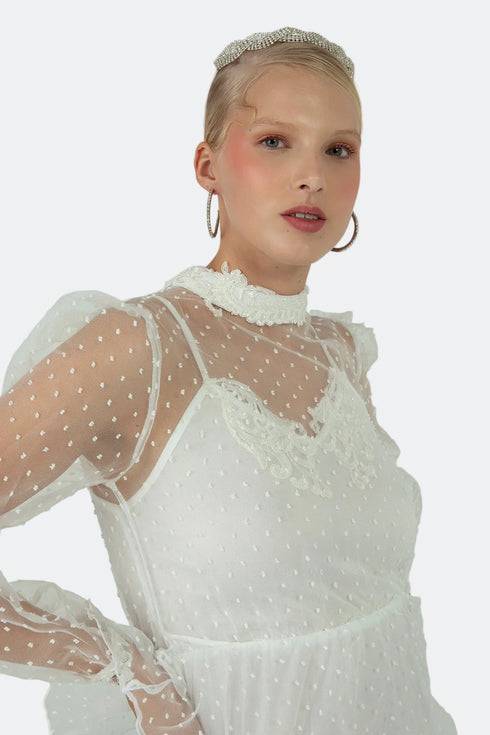 NEEDLEWORK DETAILED DRESS WITH A LAYERED SKIRT - Barrus London