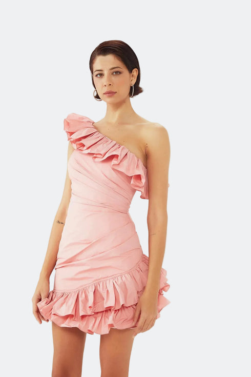 ONE SHOULDER MINI DRESS WITH FLOUNCE DETAIL - Barrus London