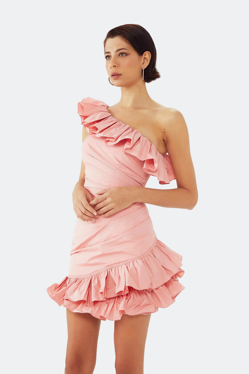 ONE SHOULDER MINI DRESS WITH FLOUNCE DETAIL - Barrus London