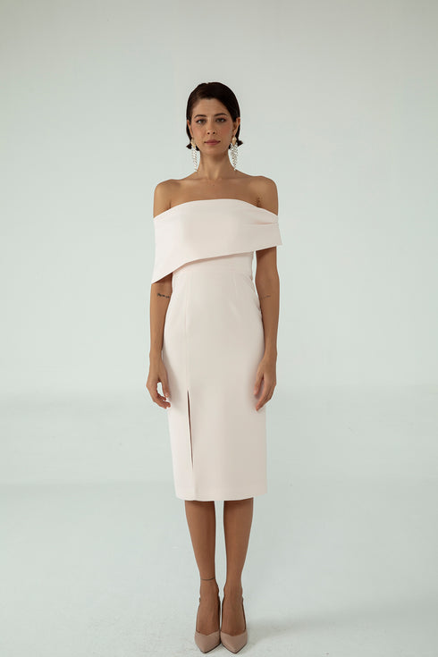 ASYMMETRICAL SHOULDER DETAIL, FRONT SLIT PENCIL DRESS - Barrus London
