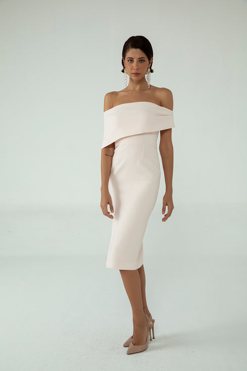ASYMMETRICAL SHOULDER DETAIL, FRONT SLIT PENCIL DRESS - Barrus London