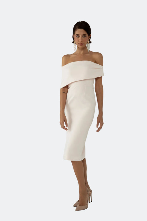 ASYMMETRICAL SHOULDER DETAIL, FRONT SLIT PENCIL DRESS - Barrus London