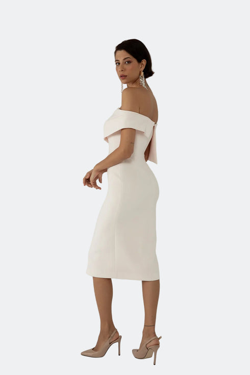 ASYMMETRICAL SHOULDER DETAIL, FRONT SLIT PENCIL DRESS - Barrus London
