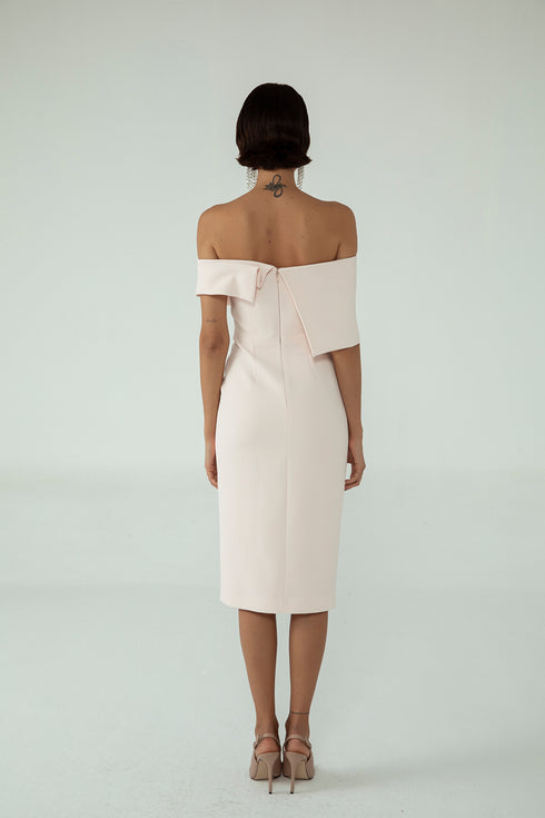 ASYMMETRICAL SHOULDER DETAIL, FRONT SLIT PENCIL DRESS - Barrus London