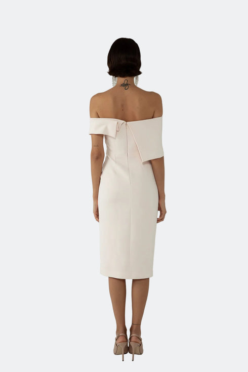 ASYMMETRICAL SHOULDER DETAIL, FRONT SLIT PENCIL DRESS - Barrus London