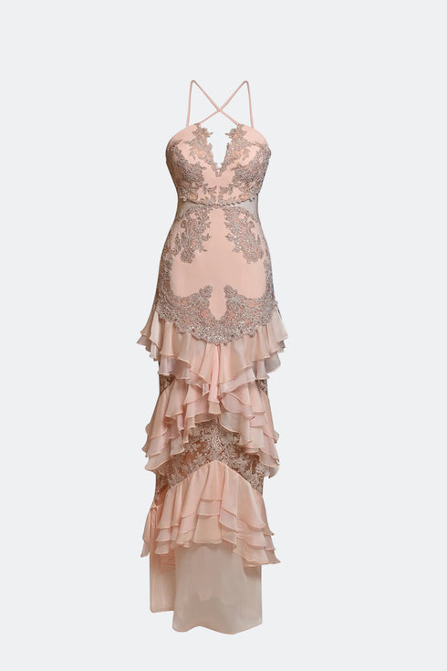 DEEP V-NECK AND BACK DECOLETTE DRESS WITH PEPLUM DETAIL UNDER SLIT - Barrus London