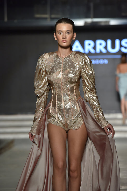 LONG SLEEVE SEQUIN DRESS WITH STRAP ON SKIRT - Barrus London