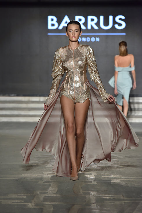 LONG SLEEVE SEQUIN DRESS WITH STRAP ON SKIRT - Barrus London