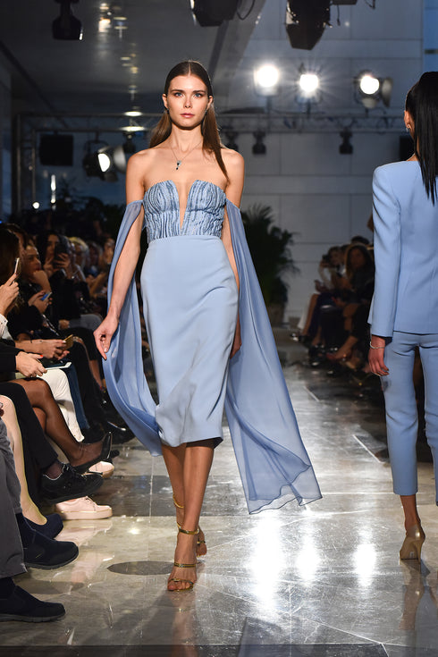 INLAID PENCIL DRESS WITH CAPE DETAILED ARMS - Barrus London