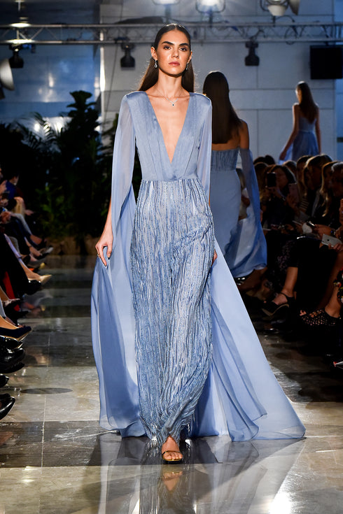 INLAID DRESS WITH CHEST DECOLLETTE AND CAPE DETAILED ARMS - Barrus London