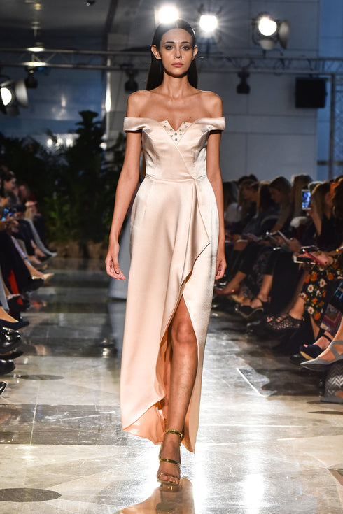 PRINCESS SLEEVE DRESS WITH FRONT SLIT AND STONE DETAIL - Barrus London