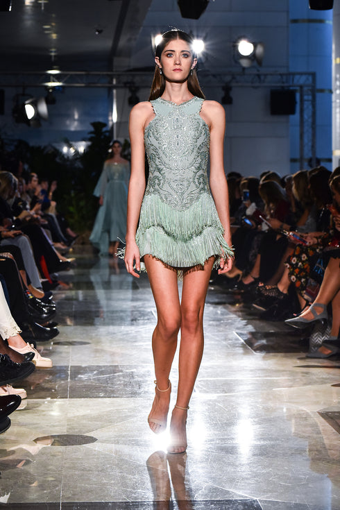 HALTER SLEEVE BEAD FRINGED INLAID MINI DRESS - Barrus London