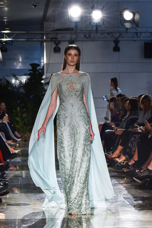 HALTER SLEEVE INLAID DRESS WITH CAPE - Barrus London