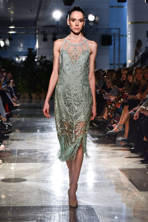MIDI INLAID DRESS WITH BEAD FRINGED - Barrus London