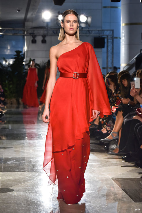 ONE SHOULDER CHIFFON AND STONE DETAILED DRESS - Barrus London