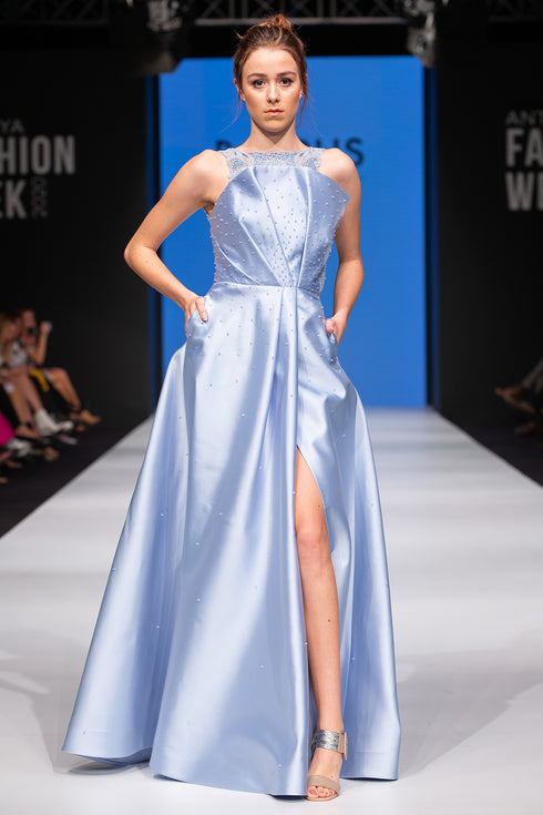 SLIT DRESS WITH SPREADING CRYSTAL INLAID - Barrus London