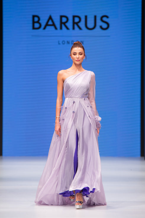 SILK ONE SLEEVE DRESS WITH SPREADING INLAID DETAIL - Barrus London