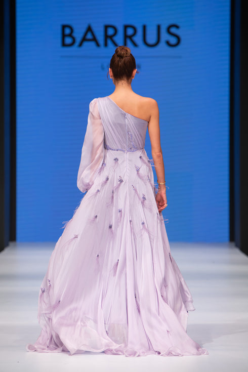 SILK ONE SLEEVE DRESS WITH SPREADING INLAID DETAIL - Barrus London