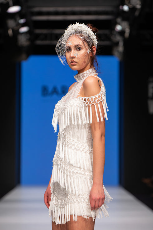 HALTER SLEEVE FRINGED MINI AFTER DRESS - Barrus London