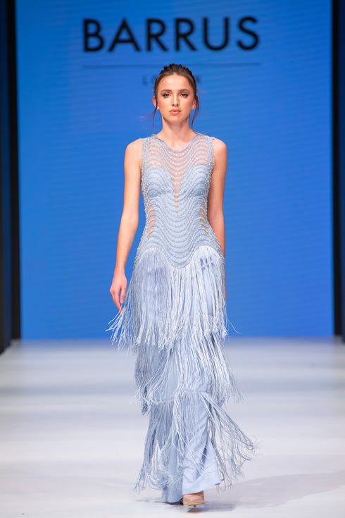 INLAID DRESS WITH FRINGES AND SEE THROUGH DETAIL - Barrus London