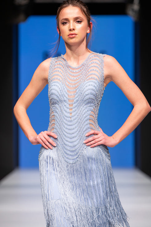 INLAID DRESS WITH FRINGES AND SEE THROUGH DETAIL - Barrus London