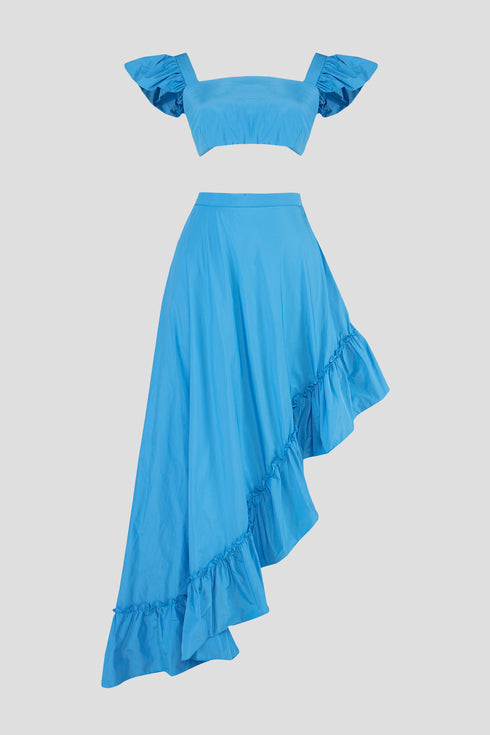 Electric Blue High Waist Asymmetric Flounce Detailed Long Skirt