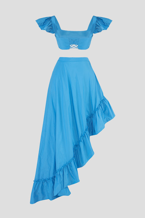 Electric Blue High Waist Asymmetric Flounce Detailed Long Skirt