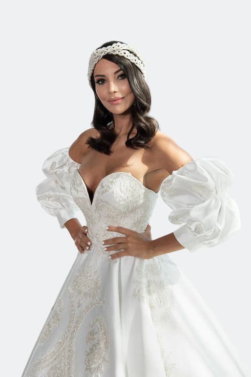 INLAID WEDDING DRESS WITH MOVEABLE BALLOON SLEEVE DETAIL - Barrus London