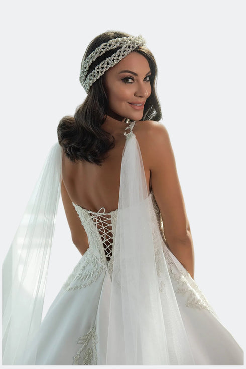 INLAID WEDDING DRESS WITH MOVEABLE BALLOON SLEEVE DETAIL - Barrus London