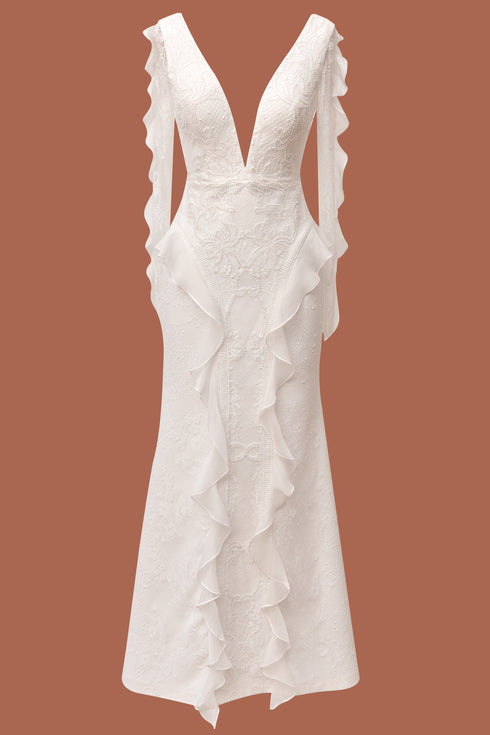 INLAID, FRENCH LACE WEDDING DRESS WITH FLOUNCE SLEEVE AND HIP DETAIL - Barrus London