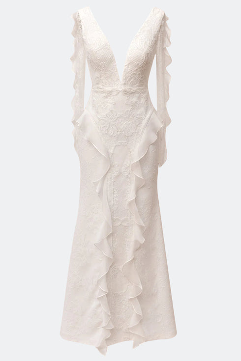 INLAID, FRENCH LACE WEDDING DRESS WITH FLOUNCE SLEEVE AND HIP DETAIL - Barrus London