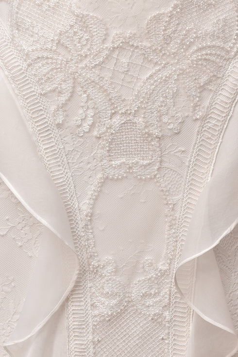 INLAID, FRENCH LACE WEDDING DRESS WITH FLOUNCE SLEEVE AND HIP DETAIL - Barrus London