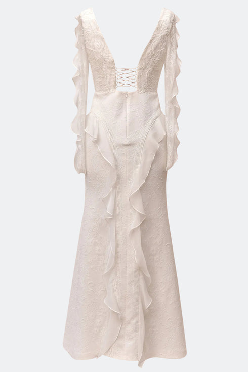 INLAID, FRENCH LACE WEDDING DRESS WITH FLOUNCE SLEEVE AND HIP DETAIL - Barrus London