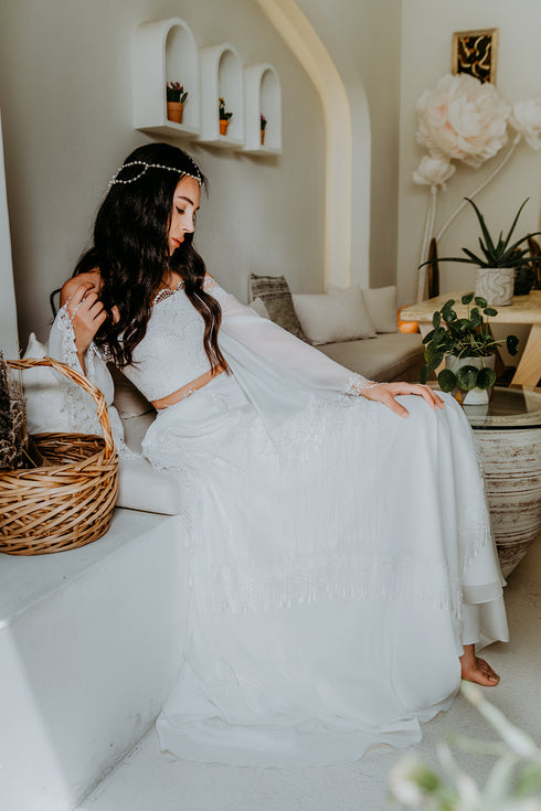 TWO PART WEDDING DRESS WITH FINGERED AND CHIFFON DETAIL - Barrus London