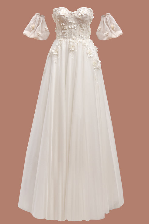 3-D INLAID A FORM WEDDING DRESS WITH BALLOON SLEEVE DETAIL - Barrus London