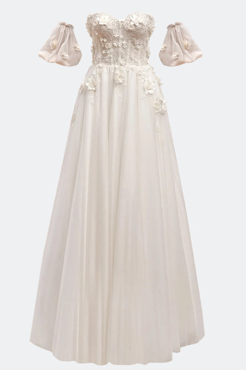 3-D INLAID A FORM WEDDING DRESS WITH BALLOON SLEEVE DETAIL - Barrus London